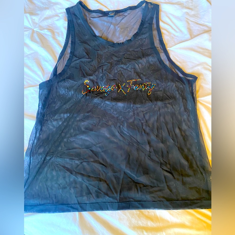Mesh savage fenty tank top with rainbow logo rhinestones